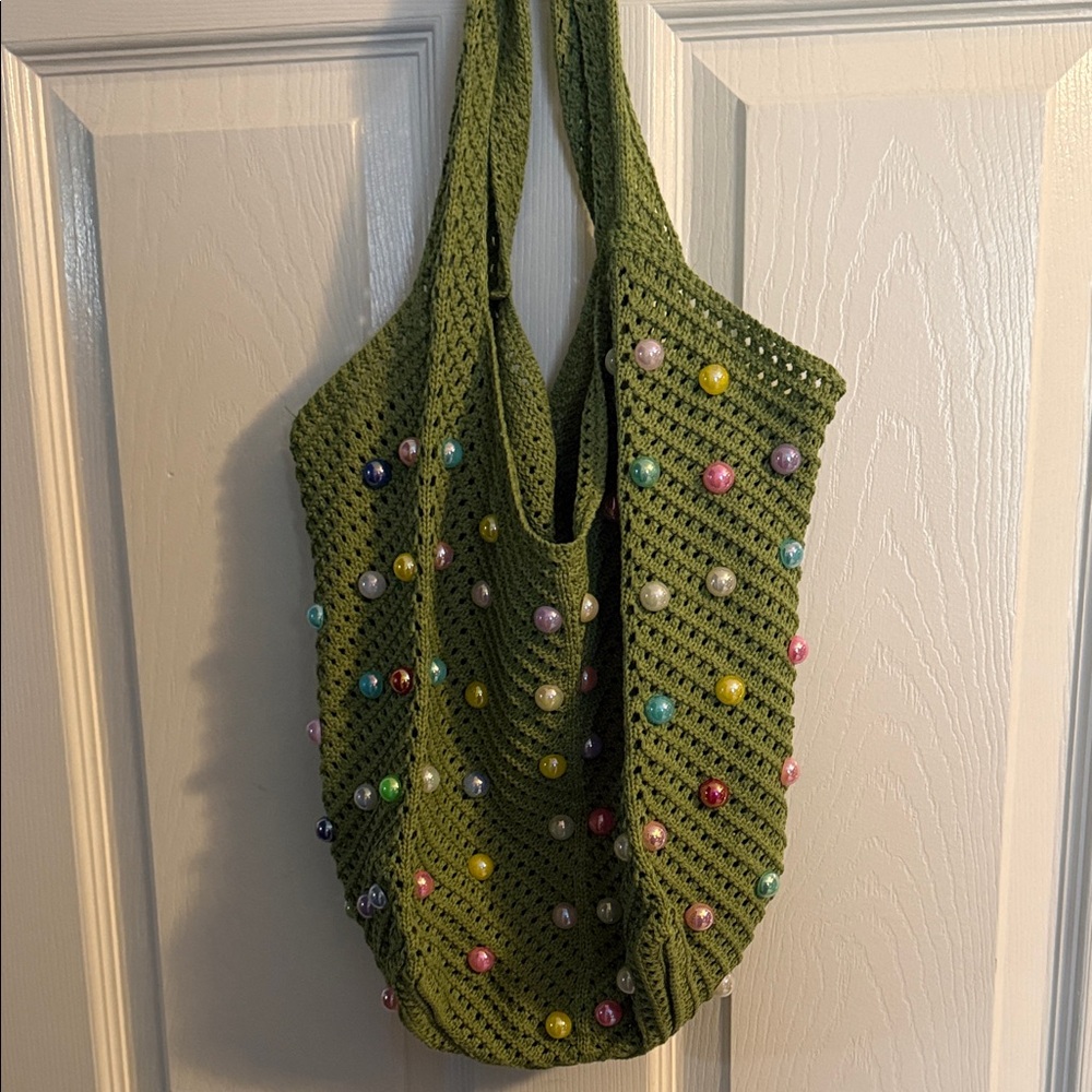 Green Crochet Tote Bag with Colorful Beads